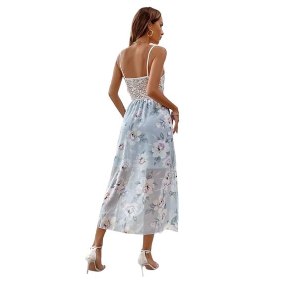 Shein Blue Floral Contrast Lace Floral Print Tulip Hem Cami Dress Sz Medium NEW - Picture 3 of 12